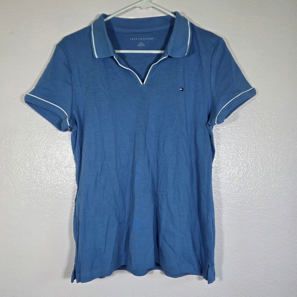 Tommy Hilfiger Blue Polo Shirt White Trim Cotton Short Sleeve Womens L